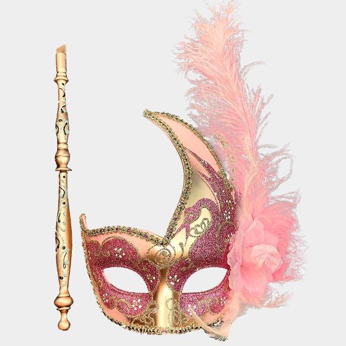Pink Feather Flower Masquerade Handheld Stick Mask
