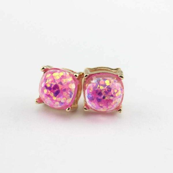 Pink Glitter Gold Tone Earrings-Earring-SPARKLE ARMAND