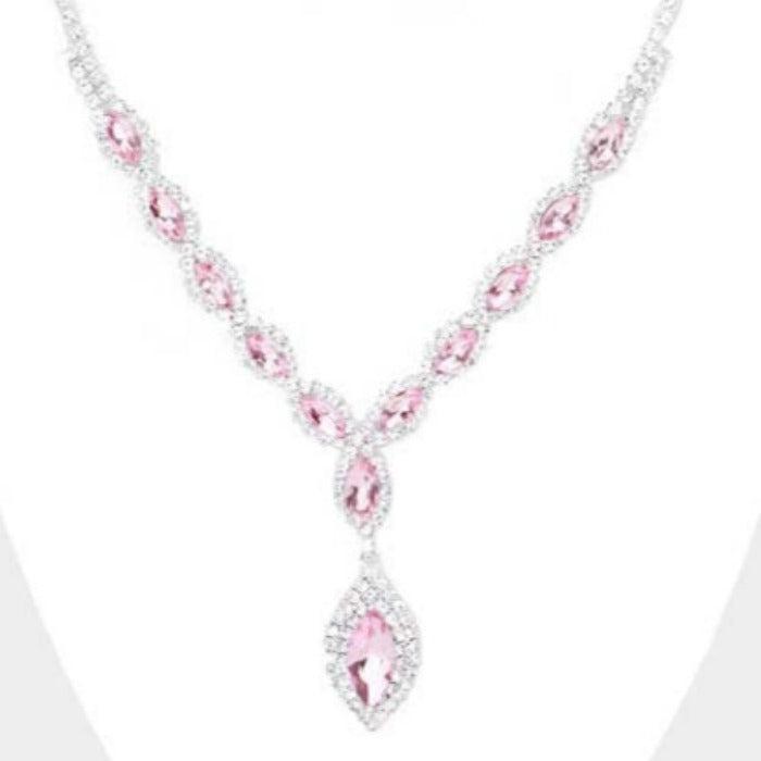 Pink Marquise Crystal Rhinestone Drop Silver Necklace Set