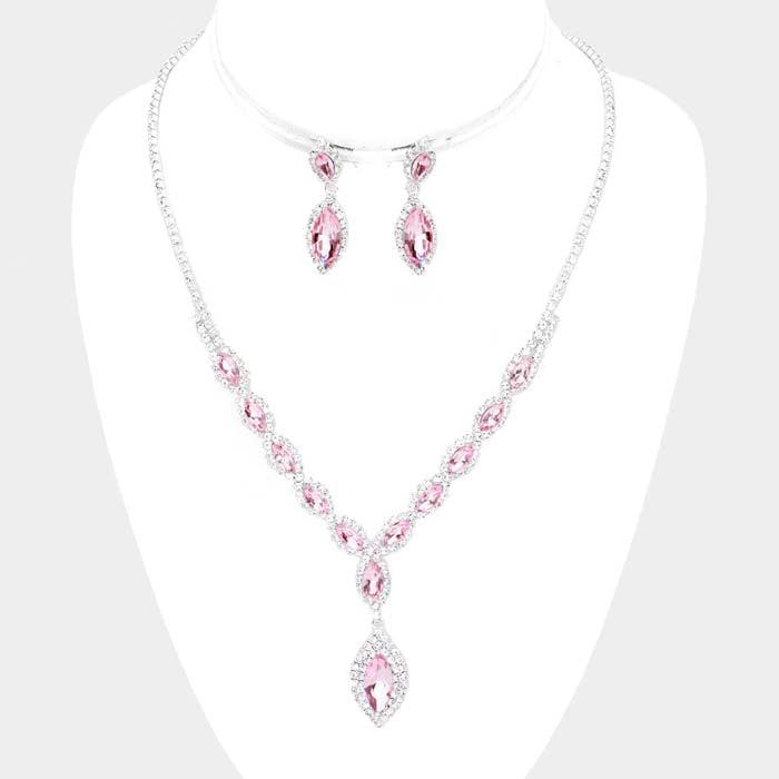 Pink Marquise Crystal Rhinestone Drop Silver Necklace Set
