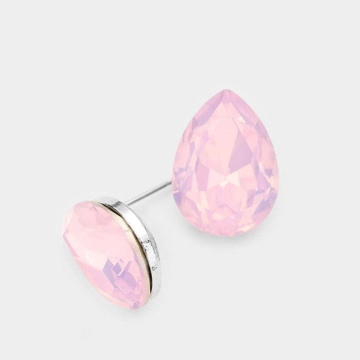 Pink Opal Teardrop Crystal Silver Earrings-Earring-SPARKLE ARMAND