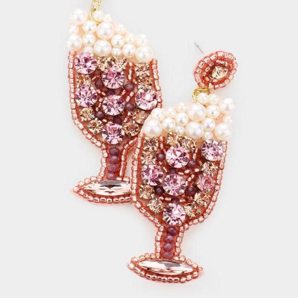 Pink Pearl Rhinestone Cluster Champagne Earrings-Earring-SPARKLE ARMAND