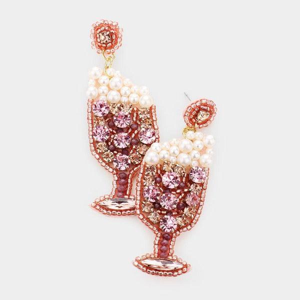 Pink Pearl Rhinestone Cluster Champagne Earrings-Earring-SPARKLE ARMAND