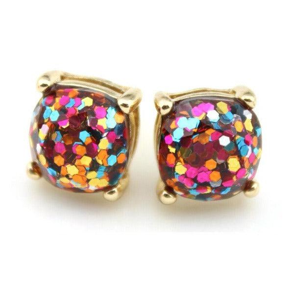 Pink Rainbow Glitter Gold Tone Earrings-Earring-SPARKLE ARMAND