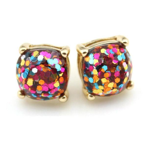 Pink Rainbow Glitter Gold Tone Earrings-Earring-SPARKLE ARMAND
