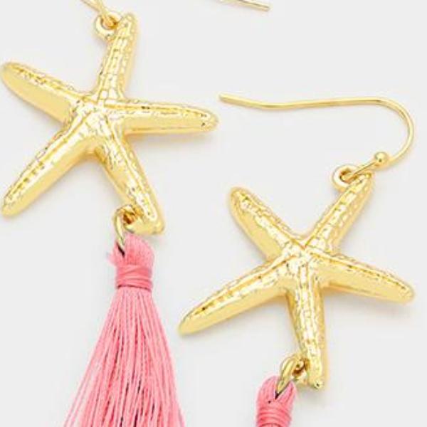 Pink Starfish Tassel Gold Pierced Dangle Earrings by Festival