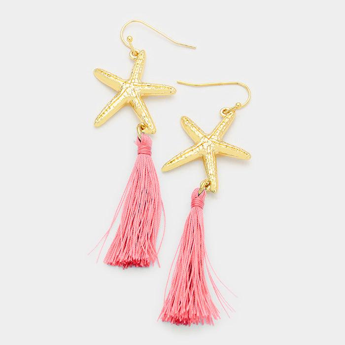 Pink Starfish Tassel Gold Pierced Dangle Earrings by Festival