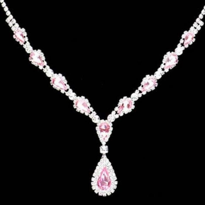 Pink Teardrop Stone Accented Rhinestone Silver Necklace Set