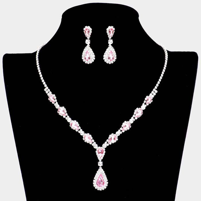 Pink Teardrop Stone Accented Rhinestone Silver Necklace Set
