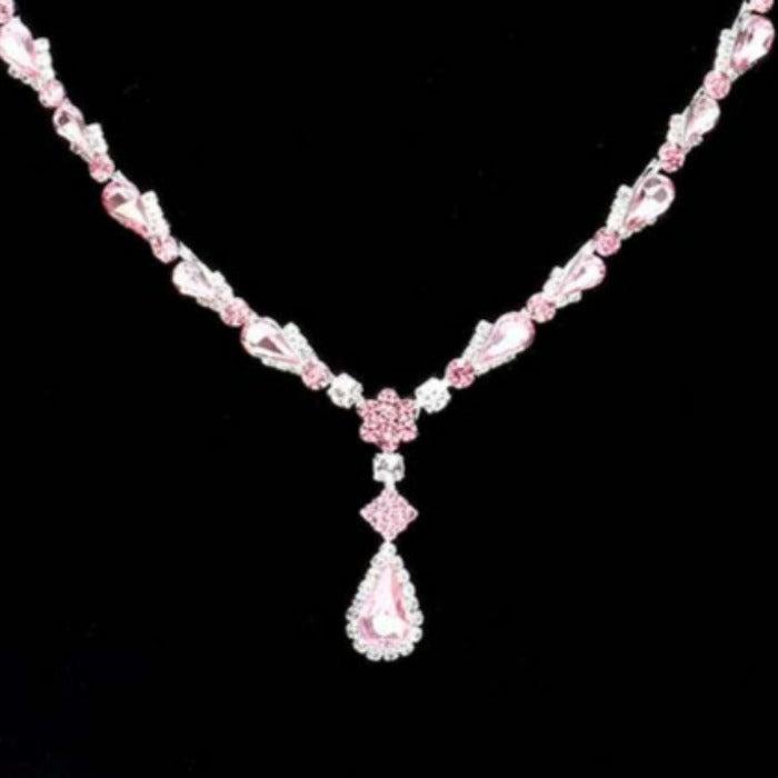 Pink Teardrop Stone Detail Rhinestone Silver Necklace Set