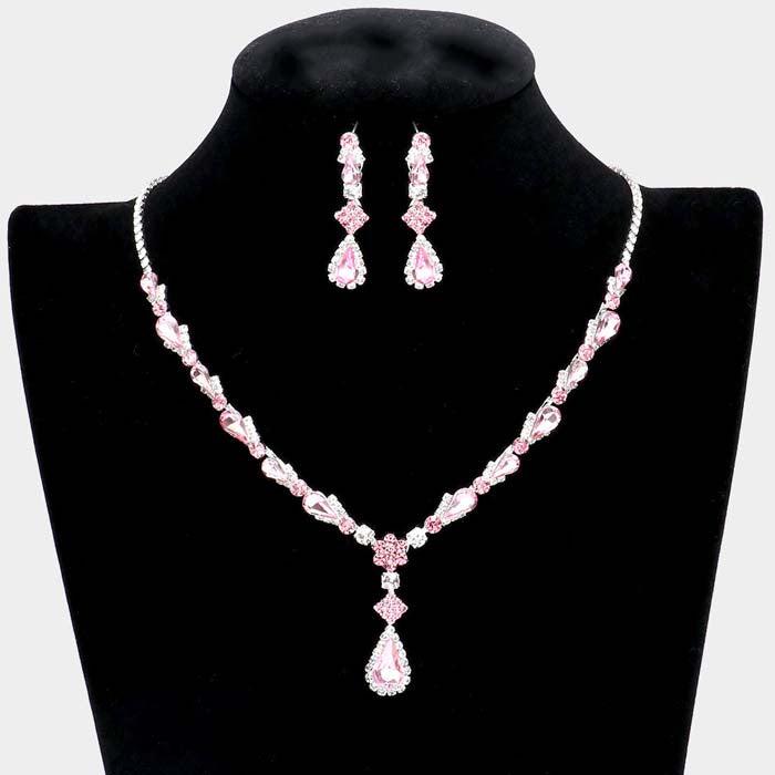 Pink Teardrop Stone Detail Rhinestone Silver Necklace Set
