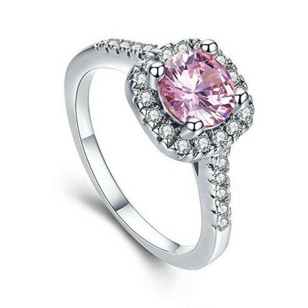 Pink & White Halo CZ Silver Tone Ring Size 7-Ring-SPARKLE ARMAND