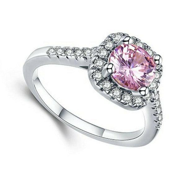 Pink & White Halo CZ Silver Tone Ring Size 7-Ring-SPARKLE ARMAND