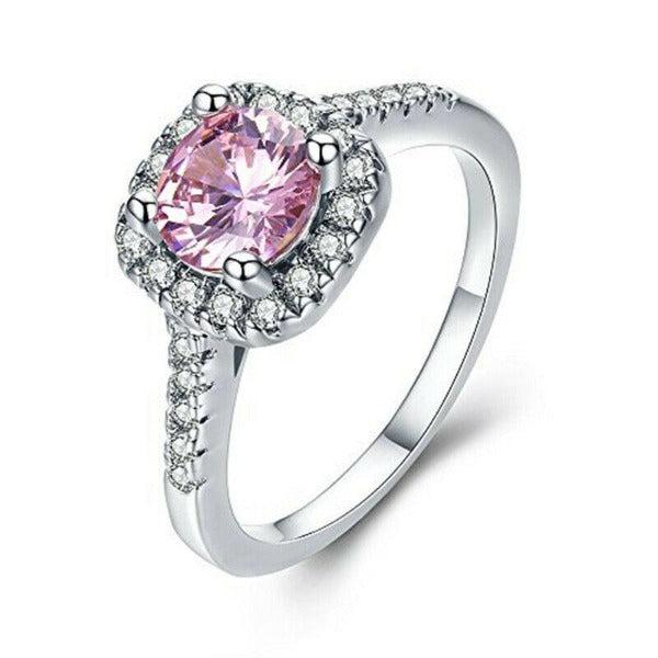 Pink & White Halo CZ Silver Tone Ring Size 7-Ring-SPARKLE ARMAND