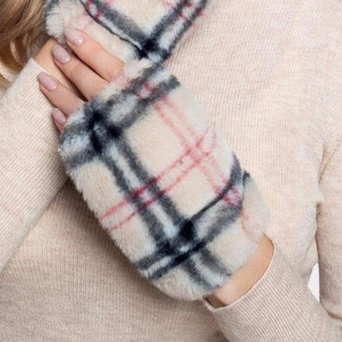 Plaid Check Patterned Faux Fur Fingerless Gloves