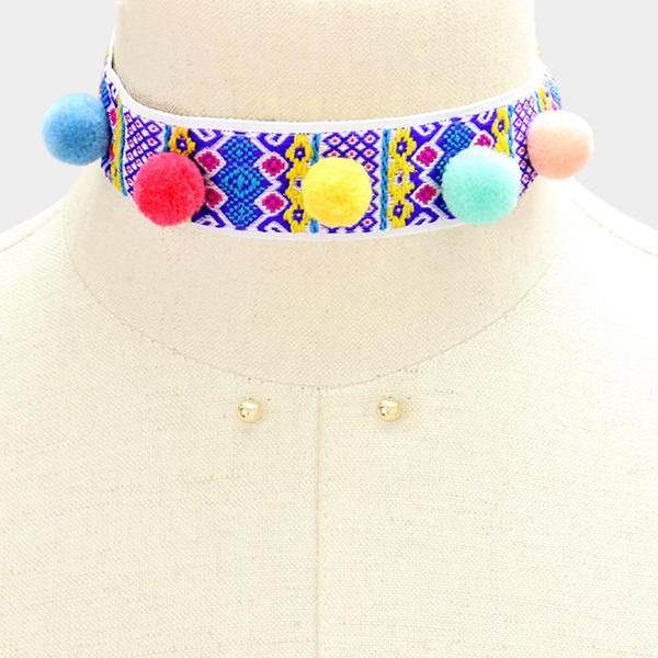 Pom Pom Multi Colored Choker Necklace & Earrings Set-Necklace-SPARKLE ARMAND