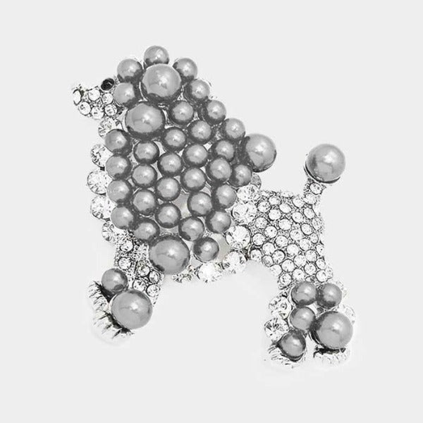 Poodle Crystal Gray Pearl Silver Brooch-Brooch-SPARKLE ARMAND
