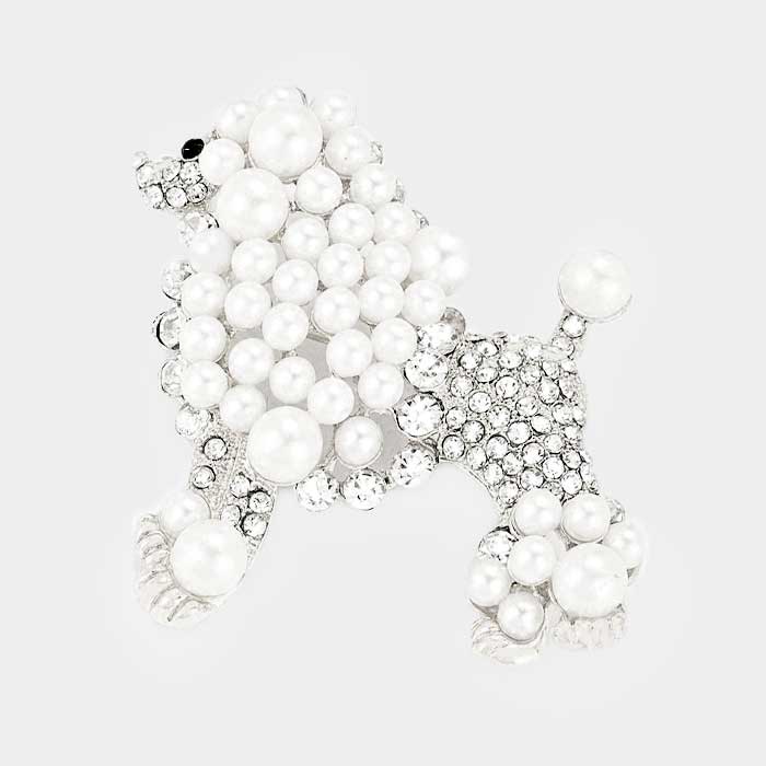 Poodle Crystal White Pearl Brooch