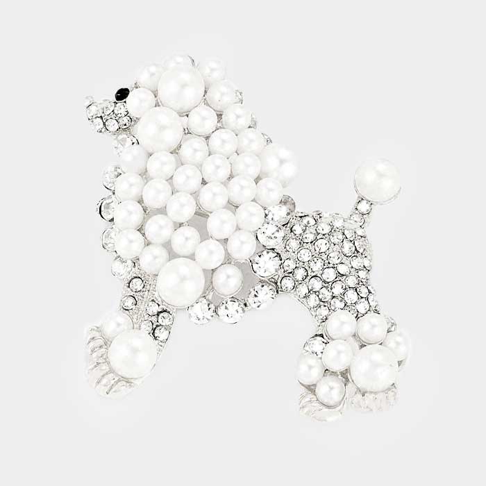 Poodle Crystal White Pearl Brooch