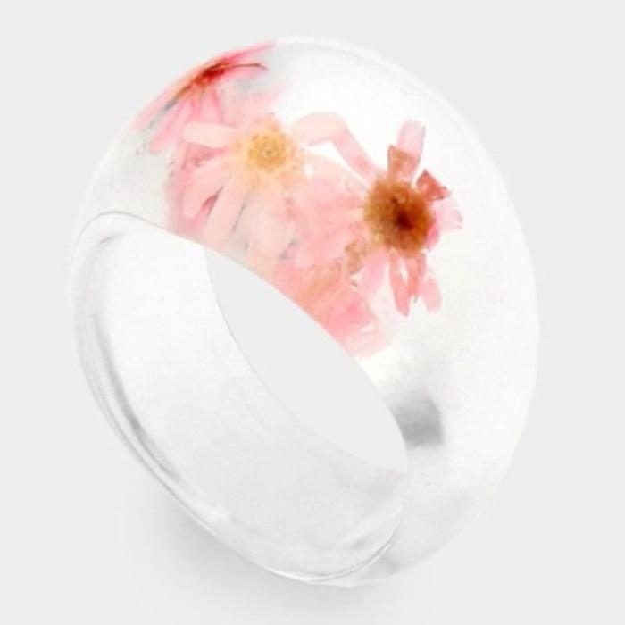 Pressed Pink Flower Clear Lucite Ring Size 7.5