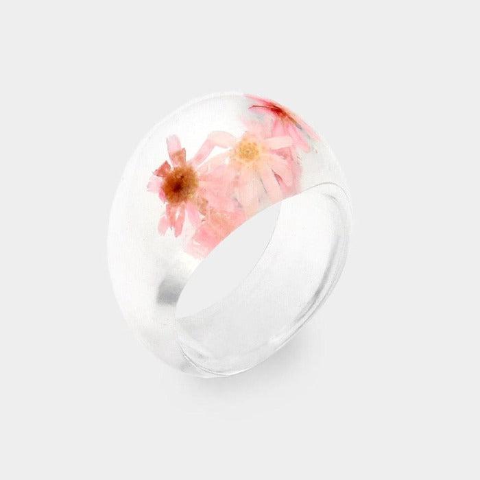 Pressed Pink Flower Clear Lucite Ring Size 7.5