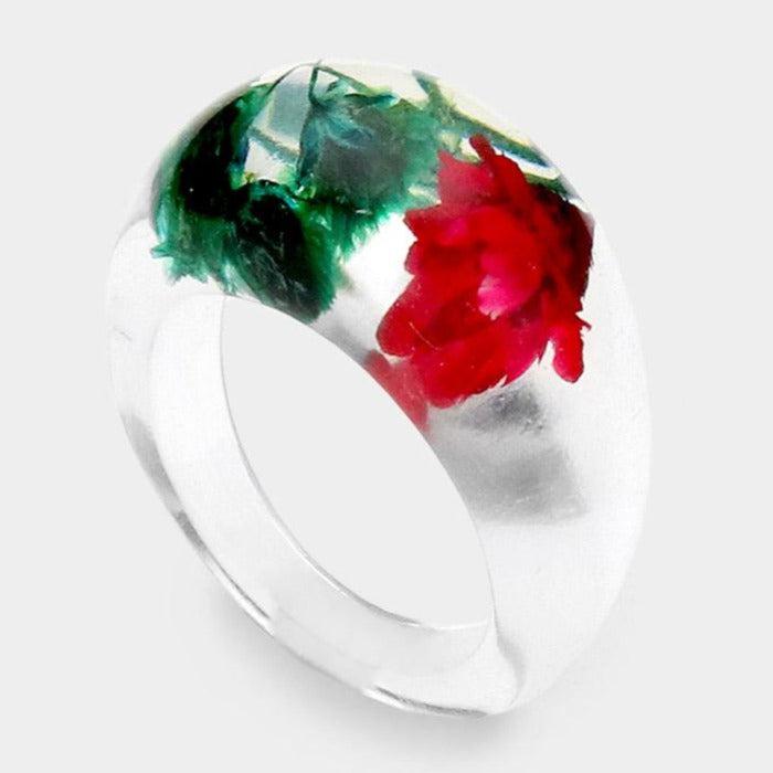 Pressed Red Flower Clear Lucite Ring Size 7.5