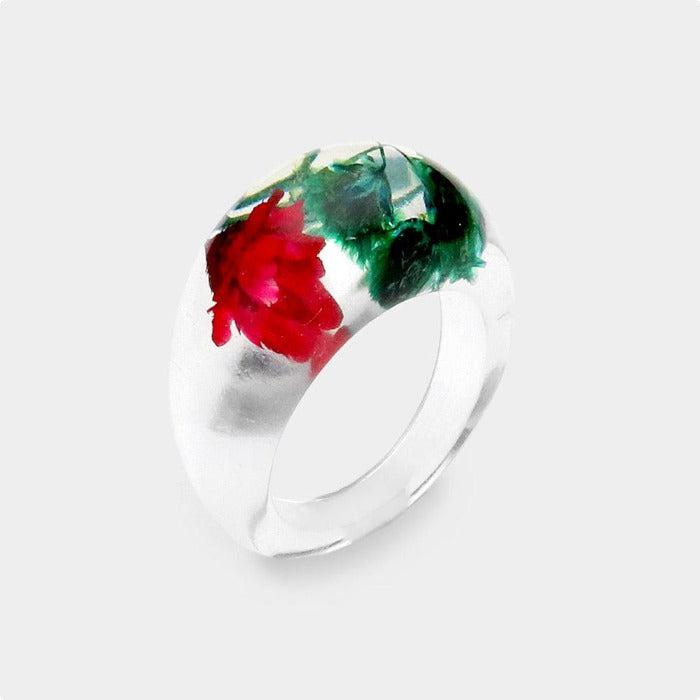 Pressed Red Flower Clear Lucite Ring Size 7.5