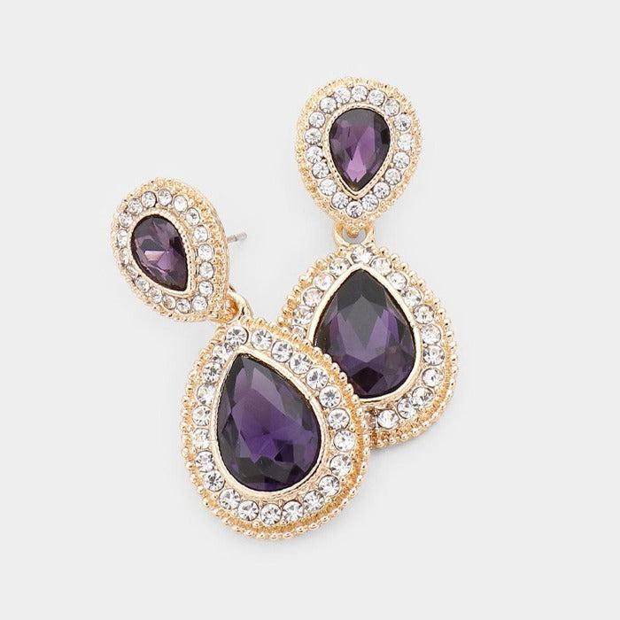 Purple Crystal Pave Gold Evening Earrings