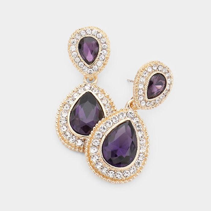 Purple Crystal Pave Gold Evening Earrings