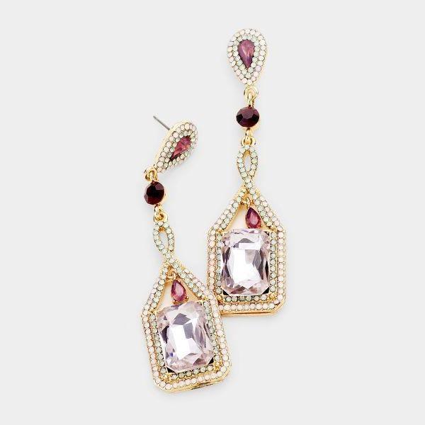 Purple Crystal Rectangle Rhinestone Trim Gold Evening Earrings-Earring-SPARKLE ARMAND