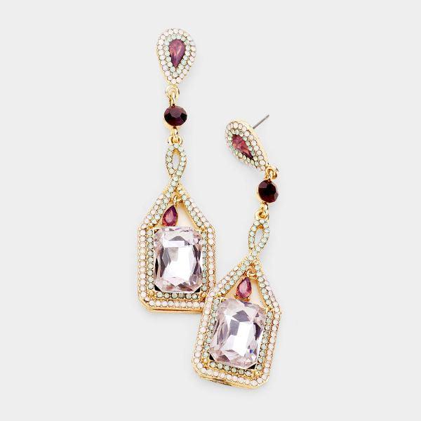 Purple Crystal Rectangle Rhinestone Trim Gold Evening Earrings-Earring-SPARKLE ARMAND