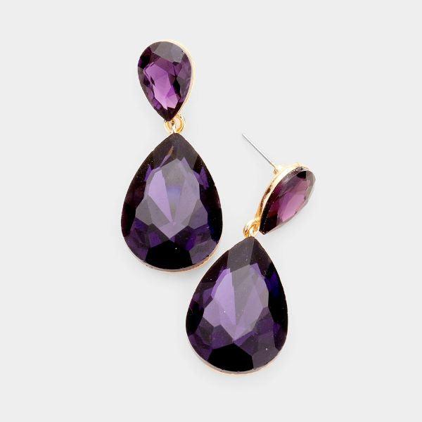 Purple Crystal Teardrop Gold Earrings-Earring-SPARKLE ARMAND
