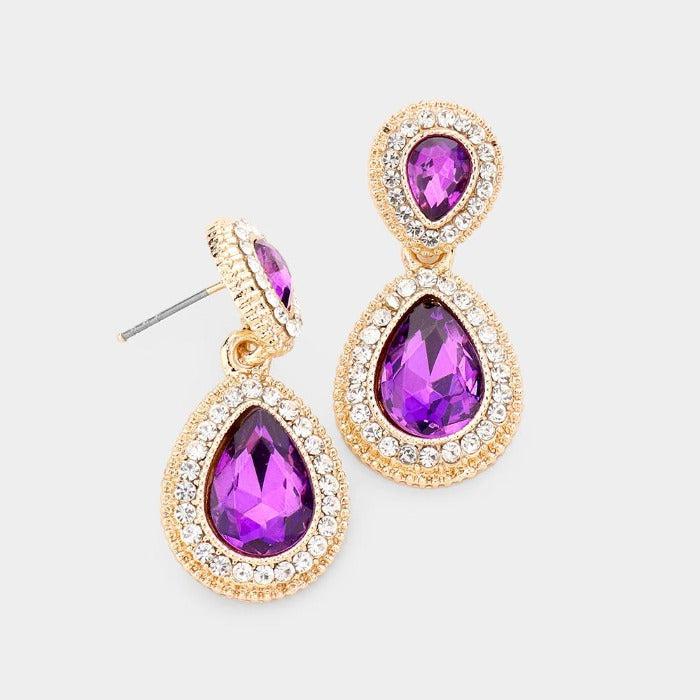 Purple Crystal Teardrop Gold Earrings by Sophia Collection