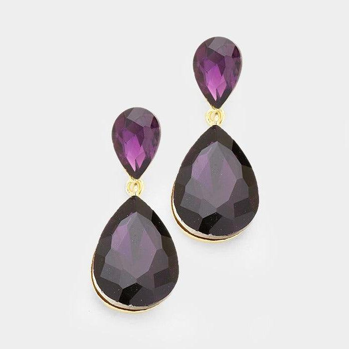 Purple Crystal Teardrop Gold Earrings