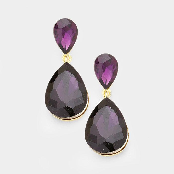 Purple Crystal Teardrop Gold Earrings