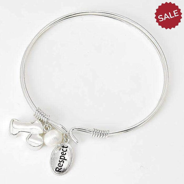 "R" Initial "Respect" Pearl Charm Inspirational Silver Hook Bracelet