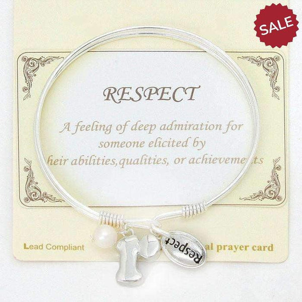 "R" Initial "Respect" Pearl Charm Inspirational Silver Hook Bracelet