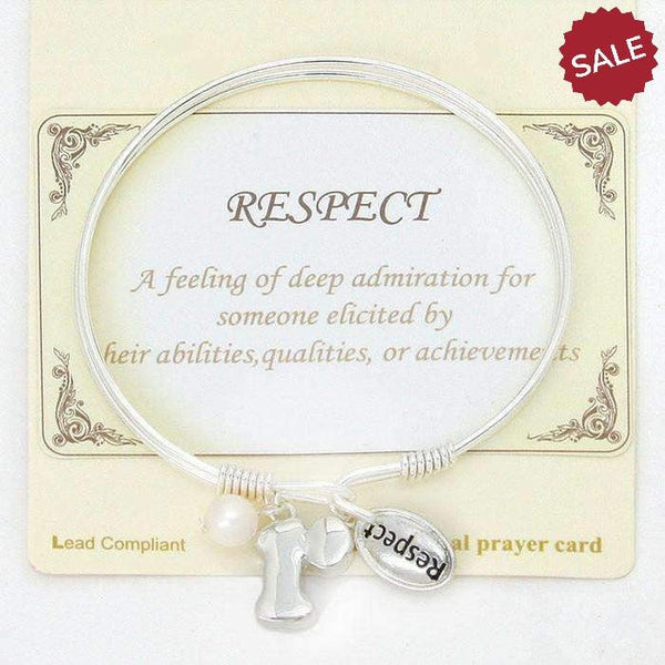 "R" Initial "Respect" Pearl Charm Inspirational Silver Hook Bracelet