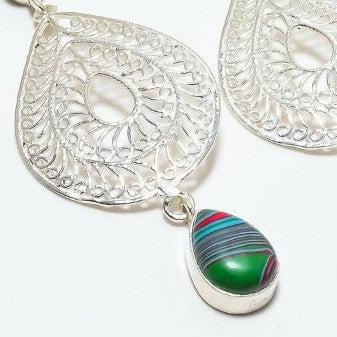 Rainbow Calsilica & Green Peridot Silver Plated Earrings-Earring-SPARKLE ARMAND