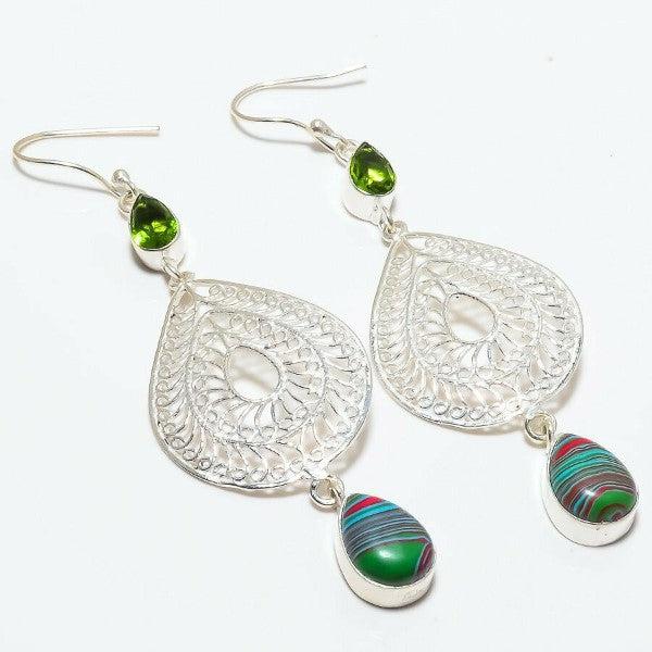 Rainbow Calsilica & Green Peridot Silver Plated Earrings-Earring-SPARKLE ARMAND