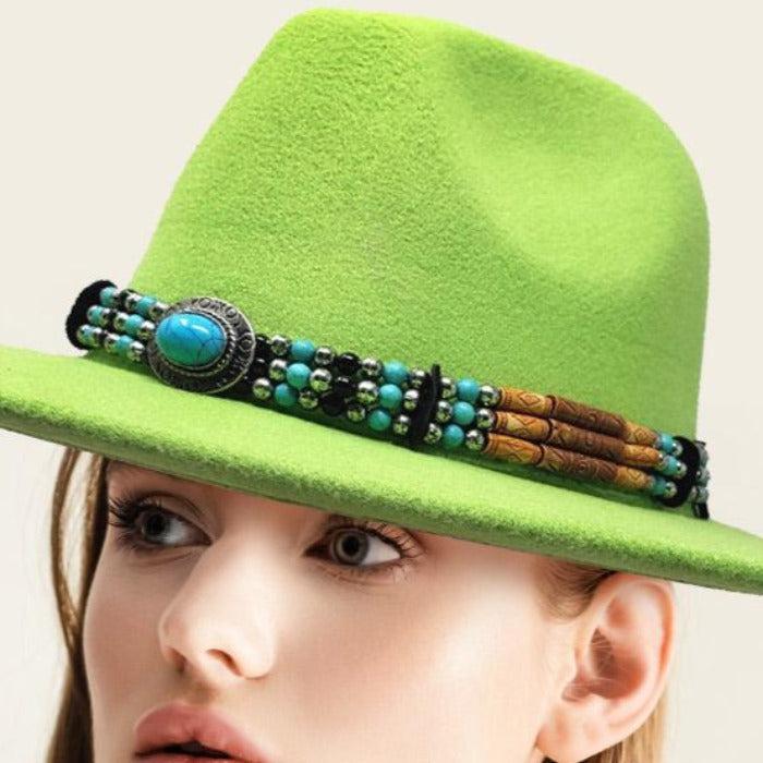 Turquoise Accented Green Felt Rancher Panama Hat