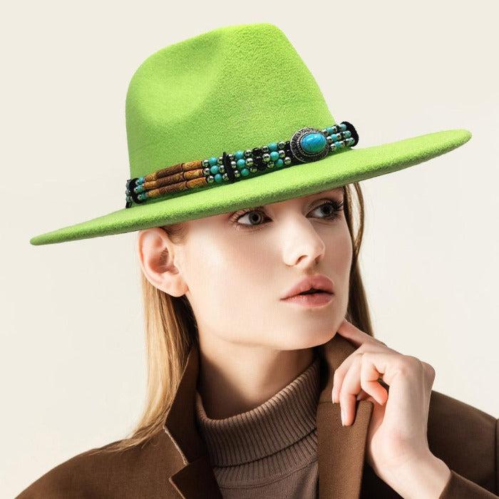 Turquoise Accented Green Felt Rancher Panama Hat