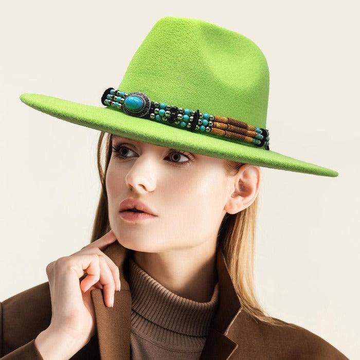 Turquoise Accented Green Felt Rancher Panama Hat