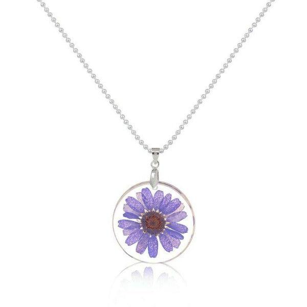 Real Dried Purple Flower Round Resin Silver Tone Necklace-Necklace-SPARKLE ARMAND