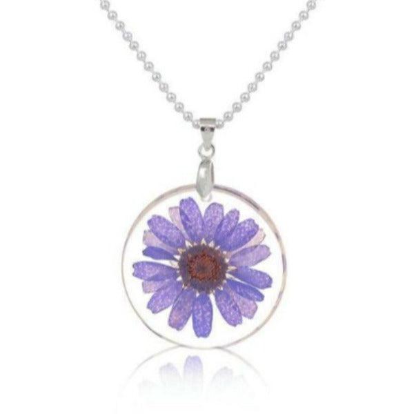Real Dried Purple Flower Round Resin Silver Tone Necklace-Necklace-SPARKLE ARMAND