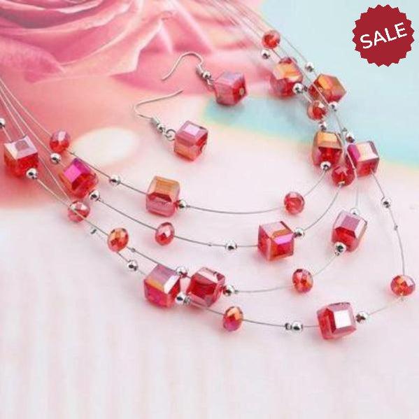 Red Acrylic Multi-Layer Square Earring & Necklace Set-Necklace-SPARKLE ARMAND