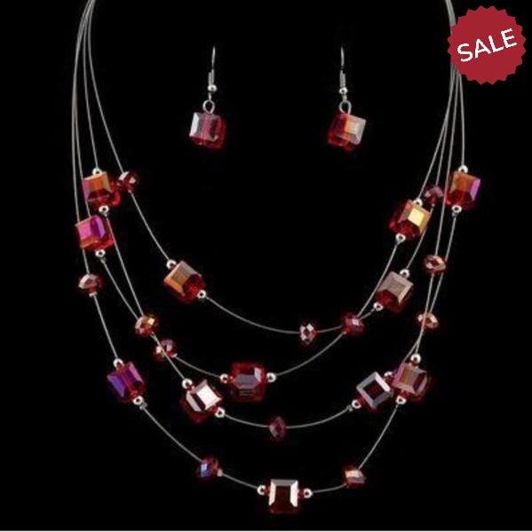 Red Acrylic Multi-Layer Square Earring & Necklace Set-Necklace-SPARKLE ARMAND