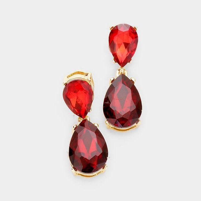 Red Crystal Double Teardrop Gold Earrings