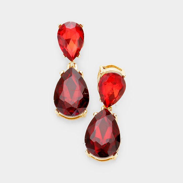 Red Crystal Double Teardrop Gold Earrings