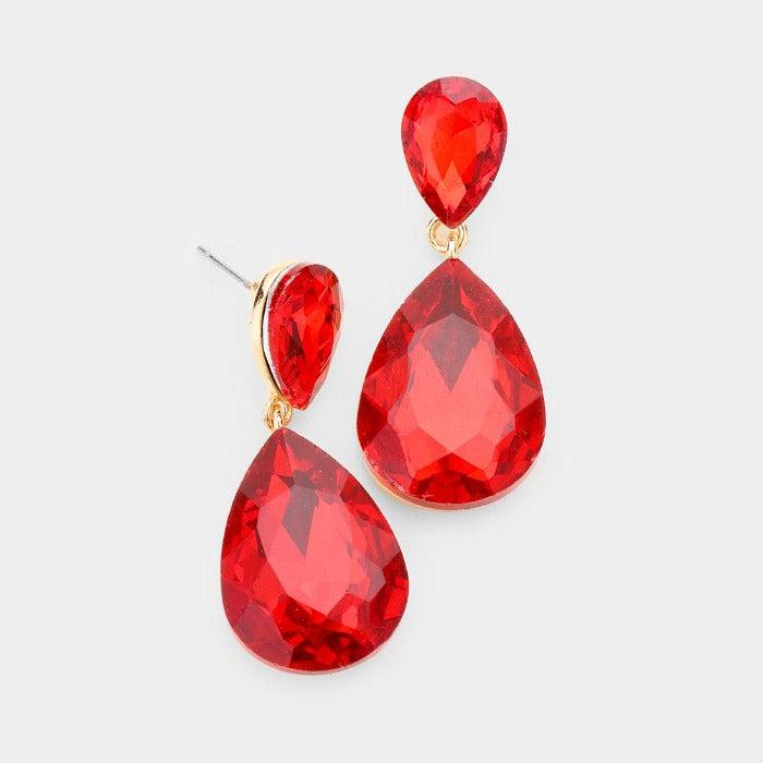 Red Crystal Double Teardrop Gold Earrings